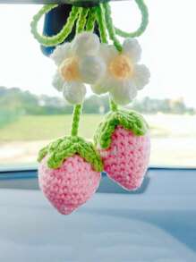 1pc Car Summer Interior Pendant Woven Pink Strawberry Car Rearview Mirror Decoration Car Interior Pendant