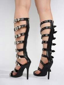 Women's Punk Style Buckle Up Stiletto Heels - Petra Heels - Black - View 5