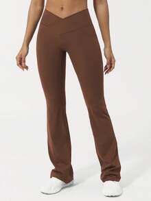 Sodalemon V型提拉女士瑜伽健身喇叭裤，交叉腰带设计，运动跑步紧身阔腿打底裤 - 棕色 - 查看 4