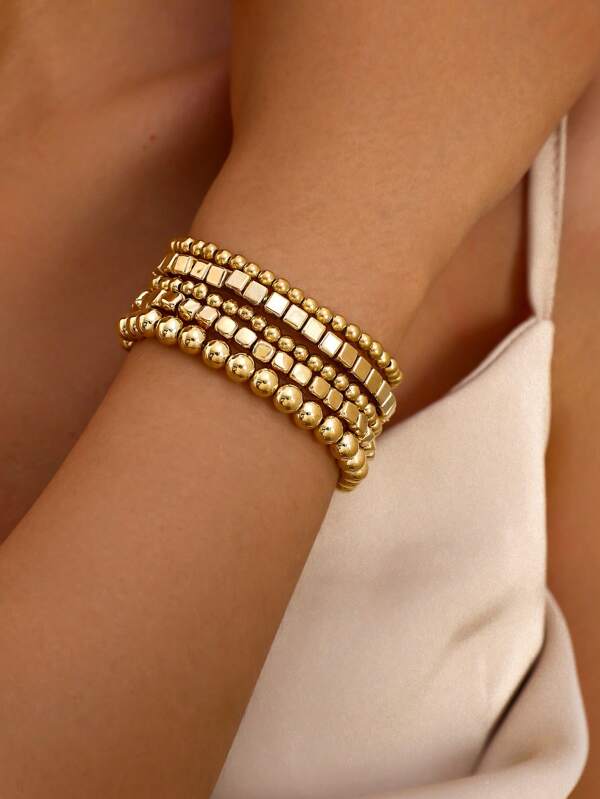 5pcs Versatile Handmade Beaded Bracelet Set, Lovers Beach Style Diamond CCB Elastic Bracelet Accessories