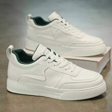 Men's Solid Color White Lace-Up Front Sports Skate Shoes, Minimalist Style Round Toe Thick Bottom Height Increasing Athletic Shoes - White Green - View 5