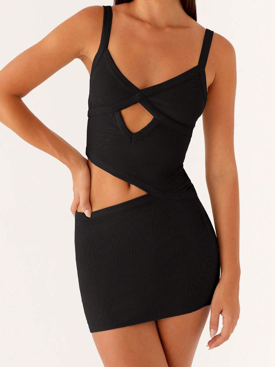 Women Cut Out Cami Dress Slim Solid Color V Neck Sleeveless Open Back Mini Bodycon Dress - 黑色 - 查看 1