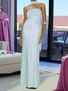 Women Summer Long Bandeau Dress Sleeveless Off Shoulder Solid Color Tube Top Dress With Scarf - 藍色 - 查看 2