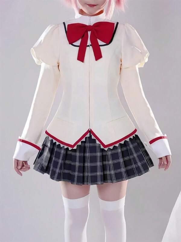 1 Stück süßer japanischer Preppy-Stil Puffärmel Top & karierter plissierter Rock JK Uniform Set, geeignet für Cosplay, Conventions, Alltag, Fotoshootings