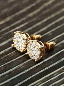 1 Pair Of Hip-Hop Four Claws Round Cubic Zirconia Gold Color Earrings Fashion Simple Commuting Versatile Men And Women Couple Earrings