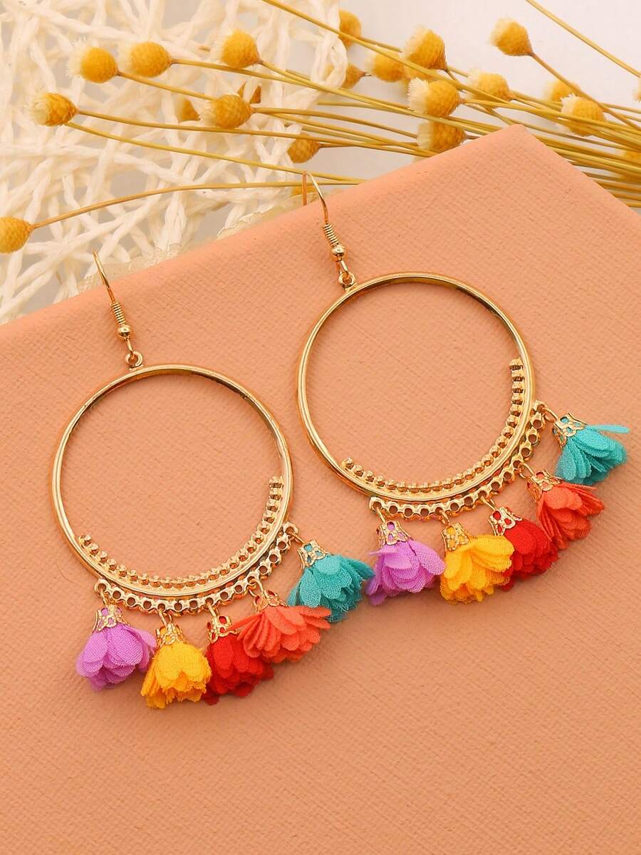1 Cặp bông tai tròn tua rua trang trí hoa nhiều màu sắc theo phong cách Bohemian, dành cho nữ, trang phục hàng ngày, công sở, biểu diễn sân khấu, phụ kiện chụp ảnh - Nhiều màu - Xem 1