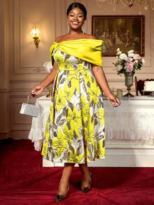 Yellow Jacquard A Line Party Dresses Off Shoulder Big Bow Event Birthday Wedding Guest Plus Size Gowns Back To School