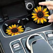 2 Peças Suporte de Copo de Carro Girassol, Porta-Copos Decorativos Redondos de 2,8 Polegadas, Suportes de Bebida para Casa e Carro, Acessórios de Interior Automotivo Unissex, Descanso de Copos Decorativos, Adequados Como Presentes para Parentes e Amigos
