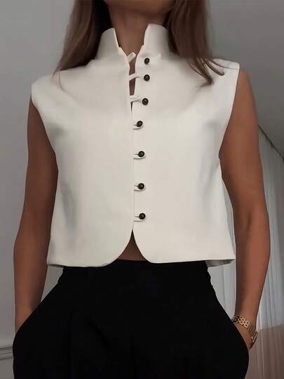 Women's Elegant Sleeveless Double-Breasted Woven Top, Solid Color, Summer Casual White