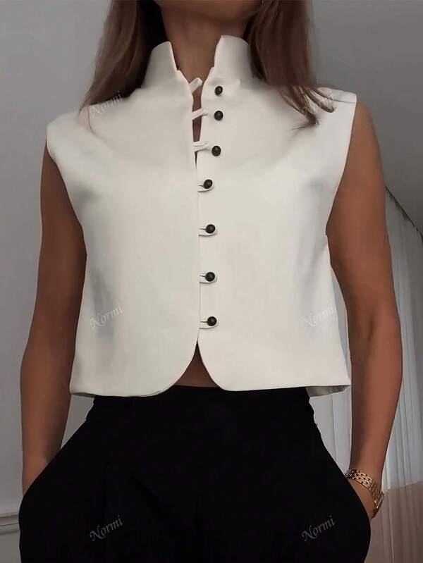 Blusa sin mangas elegante de doble botonadura tejida de unicolor, para verano