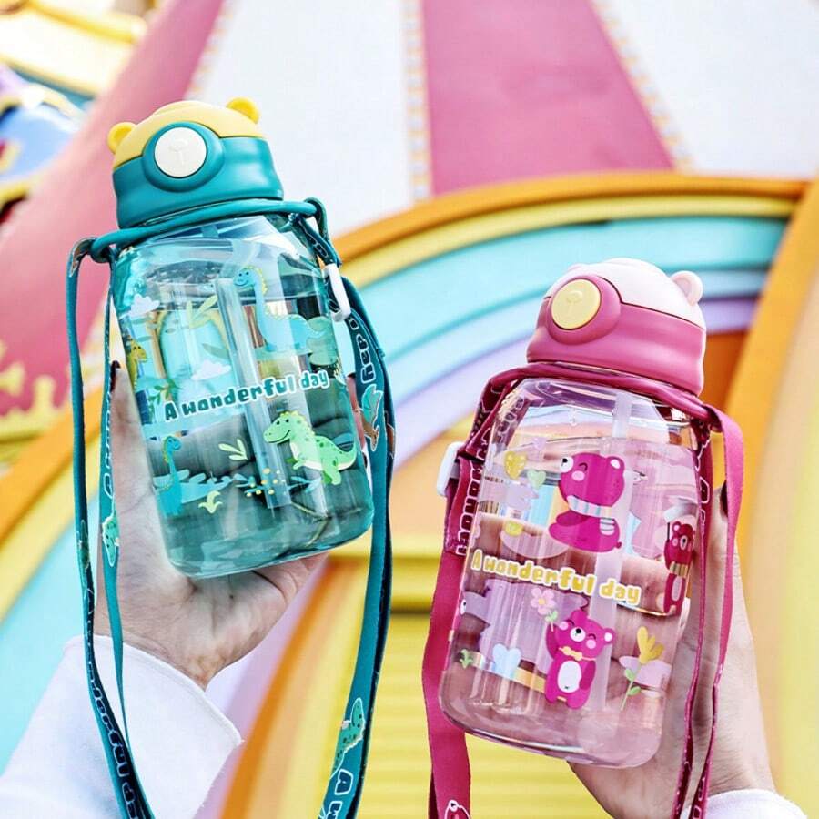 Kids Water Bottle, Portable With Strap, Plastic Straw Cup For Boys And Girls, School Use