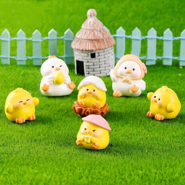 6 peças de enfeites de jardim de musgo em forma de pintinho fofo, decoração de resina para cenário agrícola