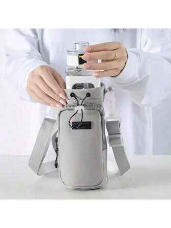 男女通用可调节肩带水瓶包，带多个隔层，适合旅行、徒步旅行、骑自行车、手机袋 - 黑色