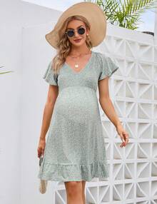 Yesfashion Women's Maternity Short Sleeve Ruffle Dress V Neck Summer Casual Smocked Flowy Midi Dress For Baby Shower Photoshoot - 綠底棕色小花 - 查看 1