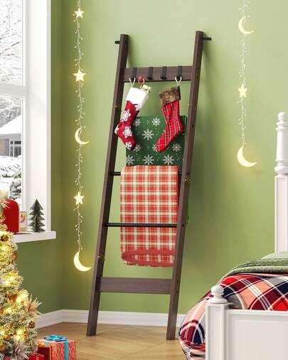 HEXCELEN Blanket Ladder Shelf For Living Room, Decorative Wood Quilt Rack With 4 Removable Hooks, 5-Tier Farmhouse Ladder Holder Organizer For Bedroom, Home Bathroom Decor Bathroom Organizer,Black Tea Brown Back To School