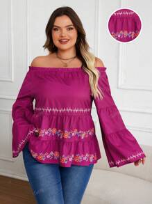 Plus Size Women Elegant Vacation Purple Bell Sleeve Graphic Print Round Neck/Off Shoulder Top Summer