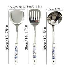 1/6pcs Blue Floral Print Ceramic Handle Stainless Steel Kitchen Utensil Set - Includes Spatula, Soup Ladle, Strainer, Rice Scoop, Noodle Spoon And Turner - Easy To Clean, Easy To Store, Kitchen Tools And Gadgets Set - Multicolor - View 10