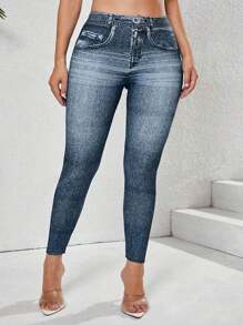 Women Plus Size Denim Effect Contrast Color Print Elastic Leggings