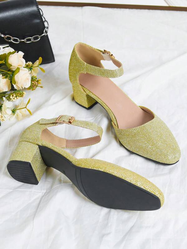 Fashionable Women's Party Glitter Gold High Heel Shoes, Hollow Backless Strap Buckle Thick Heel Ladies Shoes Dancewear