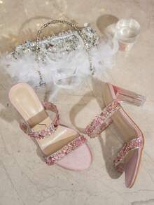 Fashionable High Heels, New Arrival, Pink Crystal Decoration, Transparent Style, High Heel Sandals, Summer, Party, Wedding, Banquet, Crystal Heel Design, High Heel Sandals For Women, Cute Sweet Style - Pink - View 4