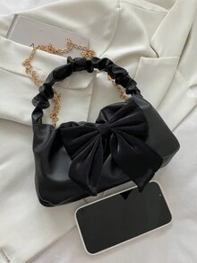 时尚新月褶皱手提包，饰以丝巾和蝴蝶结，女士休闲小包，配有金属链条肩带，可单肩背或斜挎，云朵造型，是送给她的完美情人节礼物，蝴蝶结钱包，最佳情人节礼物之选。 - 黑色 - 查看 3