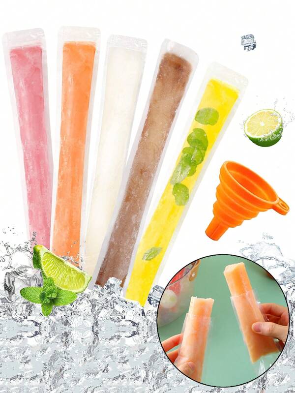 50 Stücke Sommereise selbstverriegelnde Eiscreme-Beutel mit Silikontrichter, luftdicht versiegelt bei niedrigen Temperaturen, DIY Eiscreme-Beutel und Lebensmittelverpackungsbeutel, Party Küchen Geschenktüten, Schulanfang Schüler Lolly Eisbeutel, Frucht Crushed Ice Beutel selbstverriegelnder transparenter Lolly Eisbeutel, geeignet für die meisten Eiscreme-Zutaten wie Obst, Saft, Milch, Kaffee, Reiseaccessoires, Lagerung, Camping, Küchenartikel