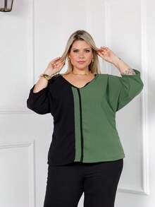 Maison Raglan Sleeve Blouse And Plus Size Trousers Summer Set - 軍綠色 - 查看 3
