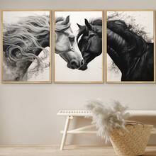 3 peças/Conjunto Pintura em Tela Emoldurada, Conjunto de Arte de Parede em Tela Cavalo Galopante Preto e Branco - Pintura de Cabeça de Cavalo Elegante - Decoração de Arte com Padrão Animal para Sala de Estar, Quarto, Escritório, Presente Perfeito para Amigos e Família, À Prova d'Água - Multicolorido - Visão 11