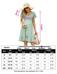 Yesfashion Women's Maternity Short Sleeve Ruffle Dress V Neck Summer Casual Smocked Flowy Midi Dress For Baby Shower Photoshoot - 綠底小黃花 - 查看 5