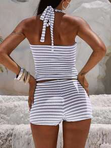 Bộ đồ bơi bikini đi biển 2 mảnh trang trí bằng nhựa màu tương phản sọc đan hở lưng khoét sâu và quần short - Màu tím hoa cà - Xem 2