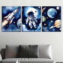 1/3pcs Space-Themed Wall Art Posters, Modern Illustrative Style Wall Art, Depictions Of Rockets, Astronauts, And Planets Wall Art, Vibrant And Imaginative Canvas Artwork Wall Painting Gift, Ideal For Bedroom, Office, Living Room, Wall Decor, Home And Dorm Decoration, Unframed / Framed ,Wall Art With Frame