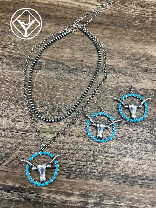 Vintage Western Cowboy Style Faux Pearl CCB Beaded Chain/Metal Chain, Zinc Alloy Longhorn Pendant Necklace, Zinc Alloy Longhorn Earrings, Suitable For Women/Girls To Match Daily Outfit, Party Accessories, Jewelry Gift For Family/Friends/Yourself