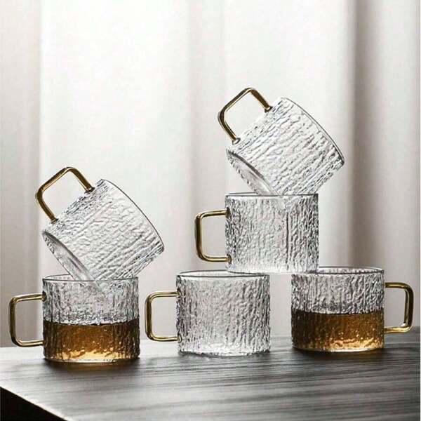 2/4/6/12pcs Straight Glass Cup, Golden Handle, 130ML, Cute & Elegant Japanese Heatproof Transparent Glass For Espresso, Juice, Tea Brewing And More Occasions