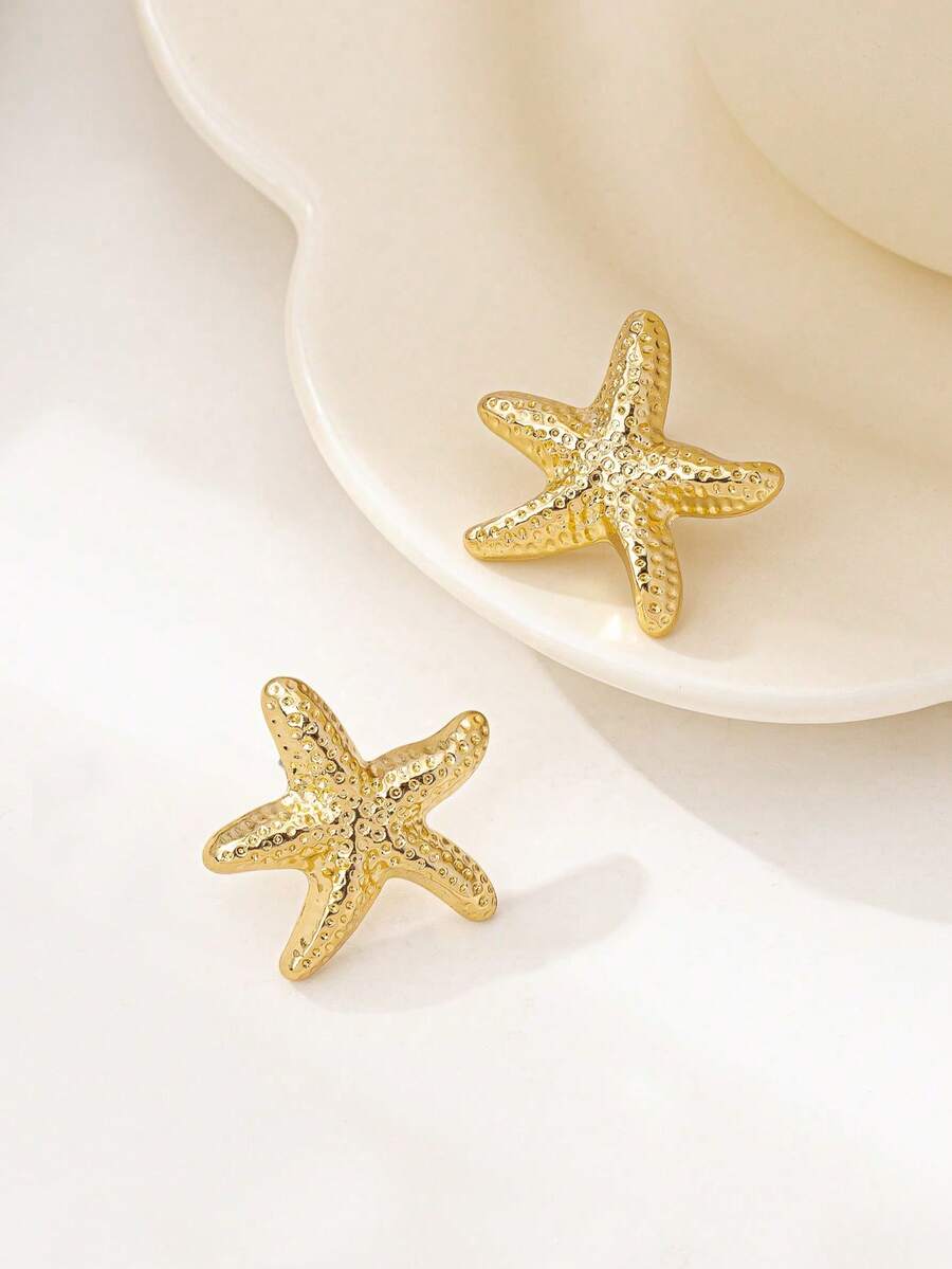 1 Pair Fashionable Gold Starfish Design Earrings, Unique Earrings For Summer Beach Vacation