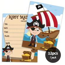 12pcs Pirate Theme Birthday Invitations, Cartoon Nautical Design, Suitable For Carnival, Birthday, Christening, New Year, Friendship Day - Personalized Cards For Anyone, Text In English,Back To School,School Supplies - Multicolor - View 5