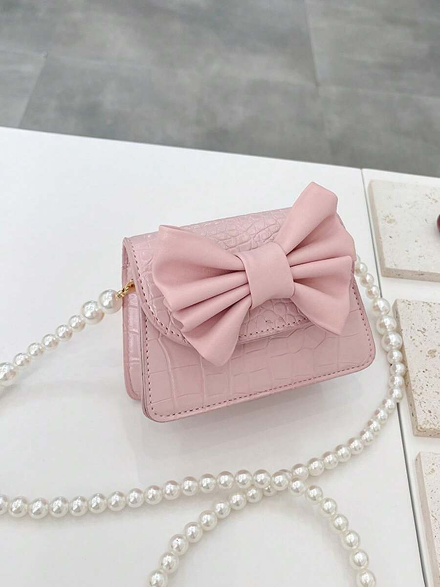 Girls' Mini Crossbody Bag With Bowknot & Pearl Chain - Pink - View 1