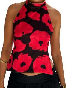 Women Y2k Polka Dots Halter Tank Tops Cute High Mock Neck Backless Cami Open Back Camisole Going Out Tops - 紅色 - 查看 6