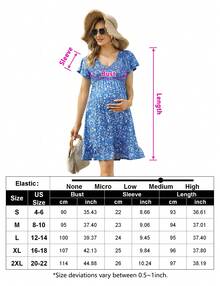 Yesfashion Women's Maternity Short Sleeve Ruffle Dress V Neck Summer Casual Smocked Flowy Midi Dress For Baby Shower Photoshoot - 藍底小白花 - 查看 5