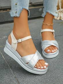 Women's Wedge Heel Thick Sole Sandals, Colorblock Bohemian Strap Design, Lightweight & Comfortable