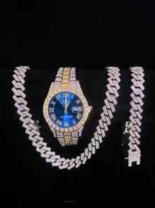 Conjunto de 3 piezas de reloj, collar y pulsera con Rhinestone, Reloj con correa de acero, calendario y caja de regalo para hombres y estudiantes, estilo hip-hop, conjunto de joyería de collar, pulsera y reloj de cumpleaños