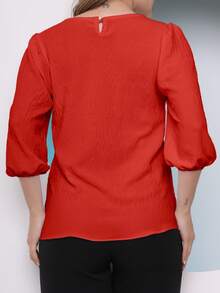 Women's Blouse With 3/4 Sleeves In Plain Dune Fabric - Coral Orange - View 3