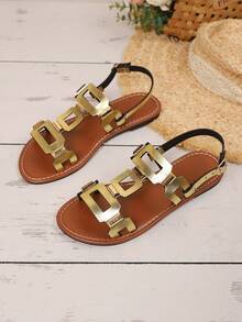 Women's Square Buckle Decor Fashion Flat Sandals, Women's Summer Beach Sandals,Gladiator Sandals - Gold - View 7