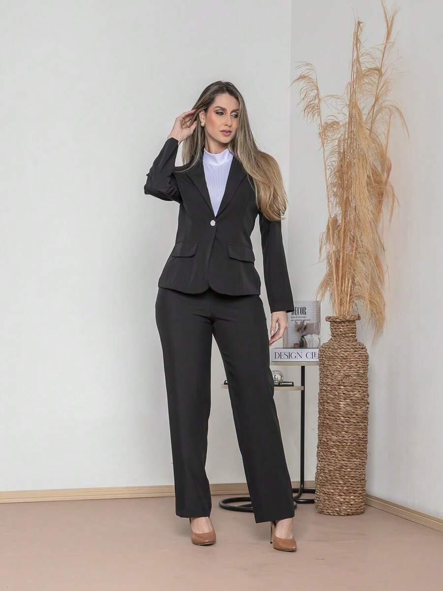 Elegant Twill Jacket And Trouser Set C3035 - Black - View 1