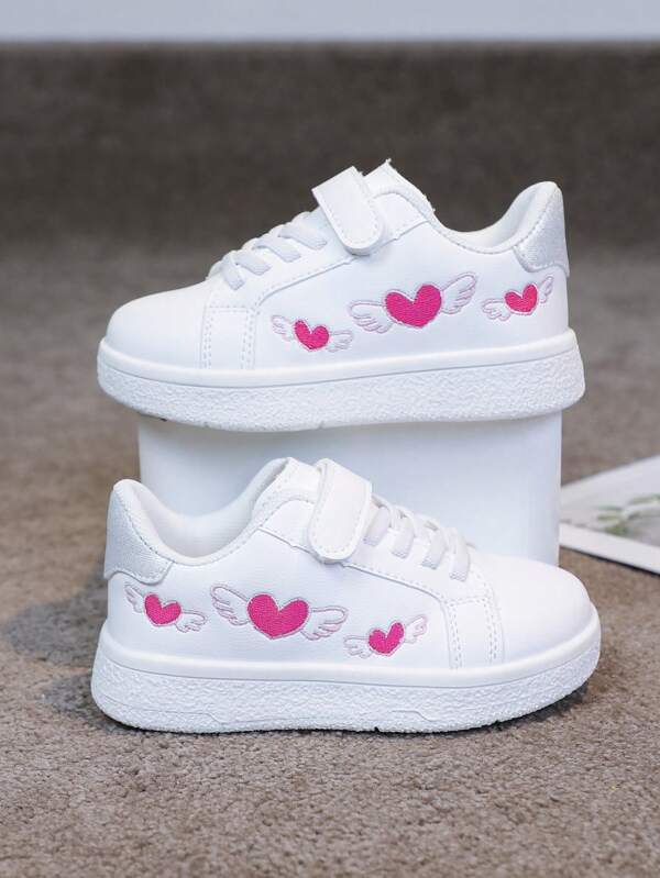 1 par de zapatillas de lona blancas planas con cierre de gancho y bucle, bordado de dibujos animados, estilo de campus, cómodas y transpirables, para niños