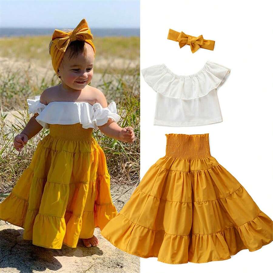 Little Girls Long Maxi Skirt Casual Summer 3pieces Outfits Off Shoulder Ruffle Crop Top + High Waist Smocked Long Maxi Skirt + Bowknot Headband Holiday Sundress Clothes - 黃色 - 查看 1
