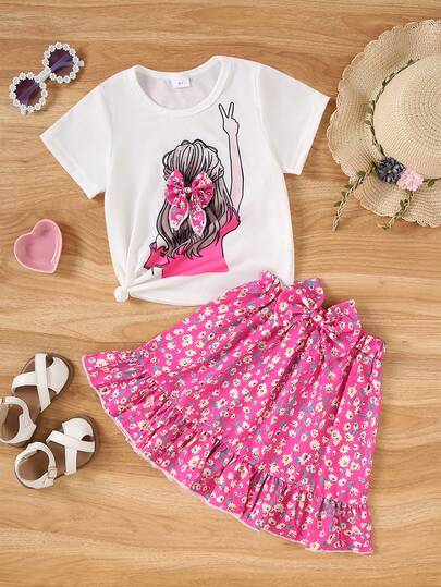 Set de 2 piezas para niñas compuesto por blusa de unicolor con adorno de moño 3D + falda con estampado floral ditsy, conjunto casual