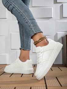 1 par de zapatillas casuales de suela de EVA con patrón de rombos y unicolor, con cordones, zapatos deportivos cómodos de contraste de color, de baja altura, para boda, escuela, vacaciones, fiesta, oficina, interior/exterior, todo el año