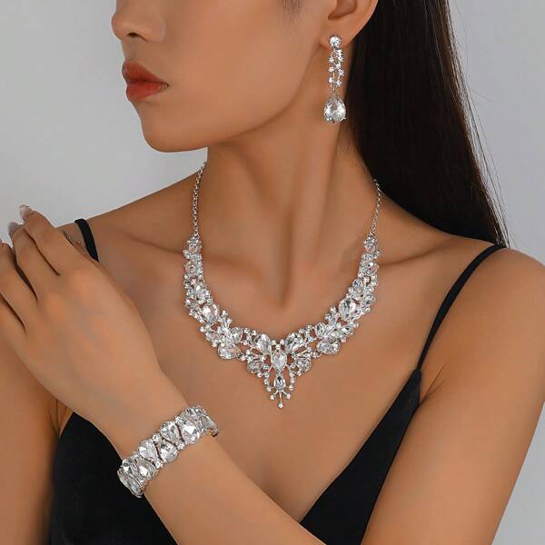 Conjunto de joyería de 4 piezas con rhinestones que incluye collar, aretes y pulsera - Accesorio de boda y nupcial para mujeres, atuendo para actuaciones en el escenario y ornamento para fiestas