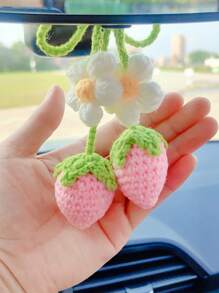 1pc Car Summer Interior Pendant Woven Pink Strawberry Car Rearview Mirror Decoration Car Interior Pendant