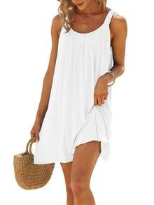 Women's Summer Short Beach Dress Solid Color Sleeveless Backless U Neck Beachwear - 白色 - 查看 1